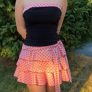 Black and Pink Strapless Polka Dot Dress